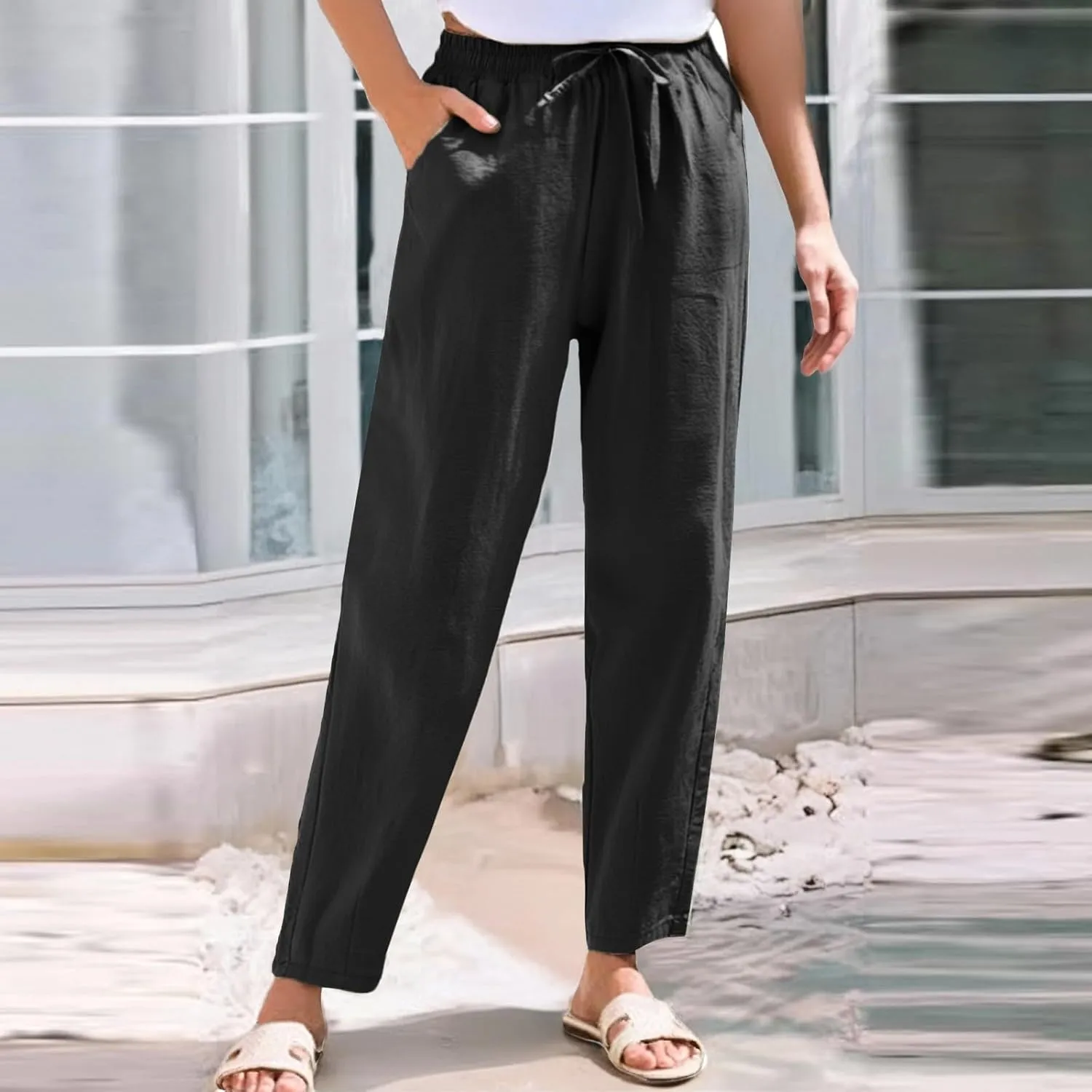 Linen Pants Women Wide Leg Palazzo Pants Drawstring Lounge Pants with Pockets High Elastic Waisted