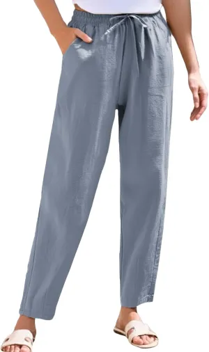 Linen Pants Women Wide Leg Palazzo Pants Drawstring Lounge Pants with Pockets High Elastic Waisted