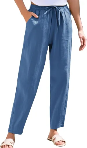 Linen Pants Women Wide Leg Palazzo Pants Drawstring Lounge Pants with Pockets High Elastic Waisted