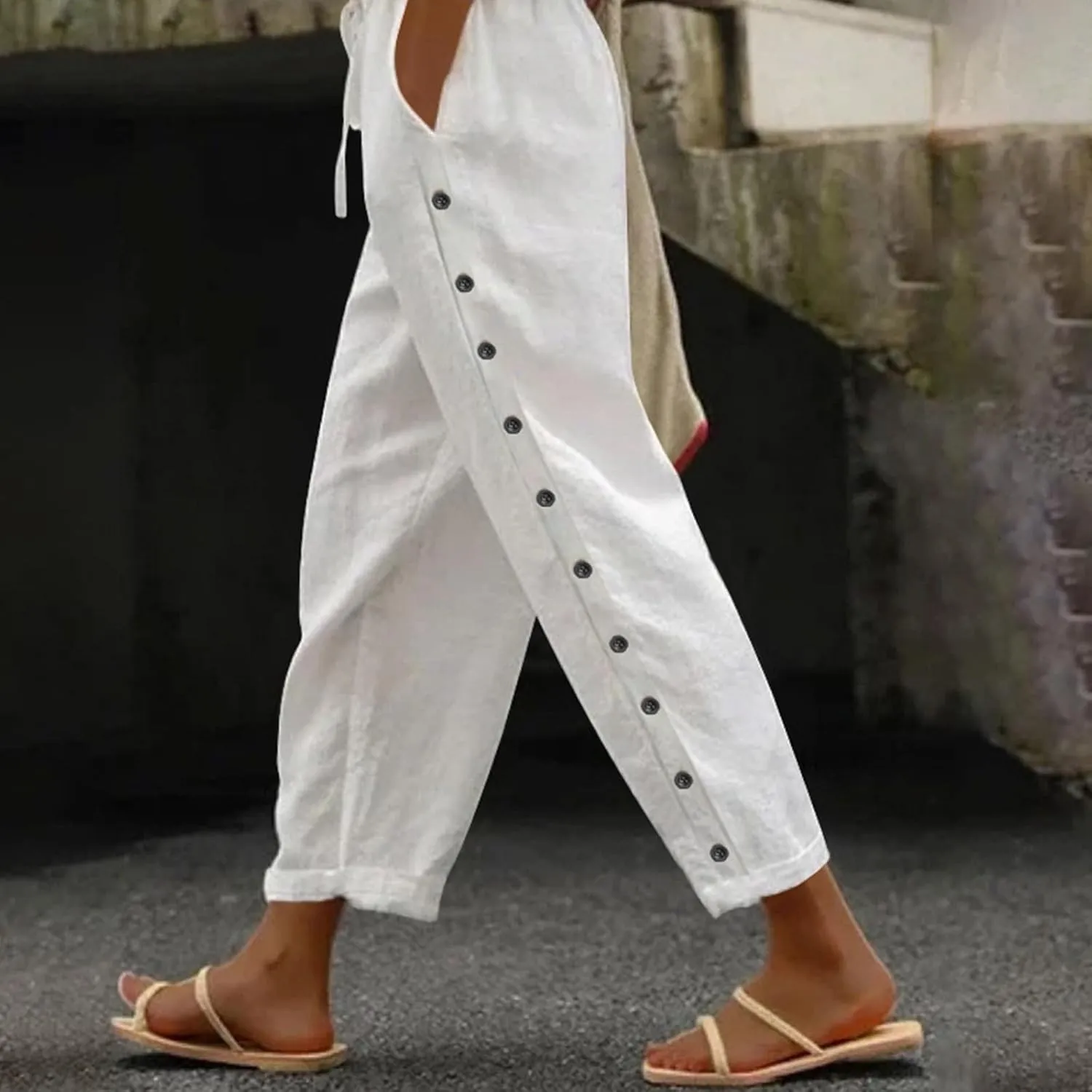 Linen Pants Womens Summer Casual Elastic Waist Drawstring Baggy Lightweight Trendy Palazzo Harem Trouser with Pockets