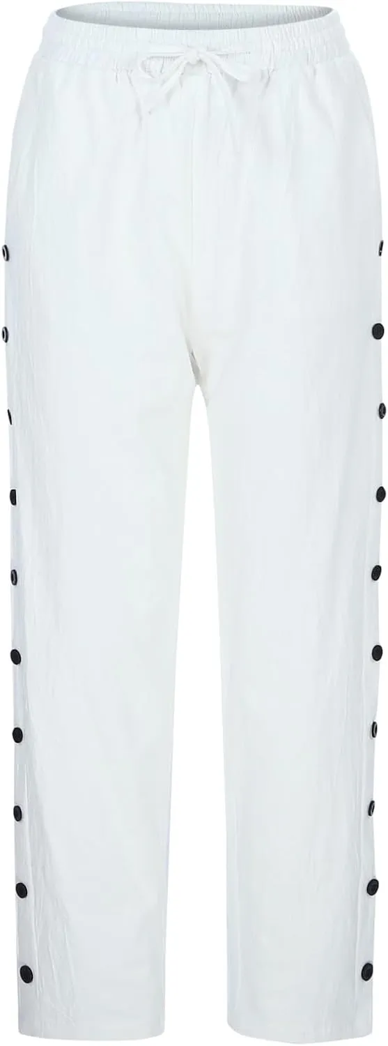 Linen Pants Womens Summer Casual Elastic Waist Drawstring Baggy Lightweight Trendy Palazzo Harem Trouser with Pockets