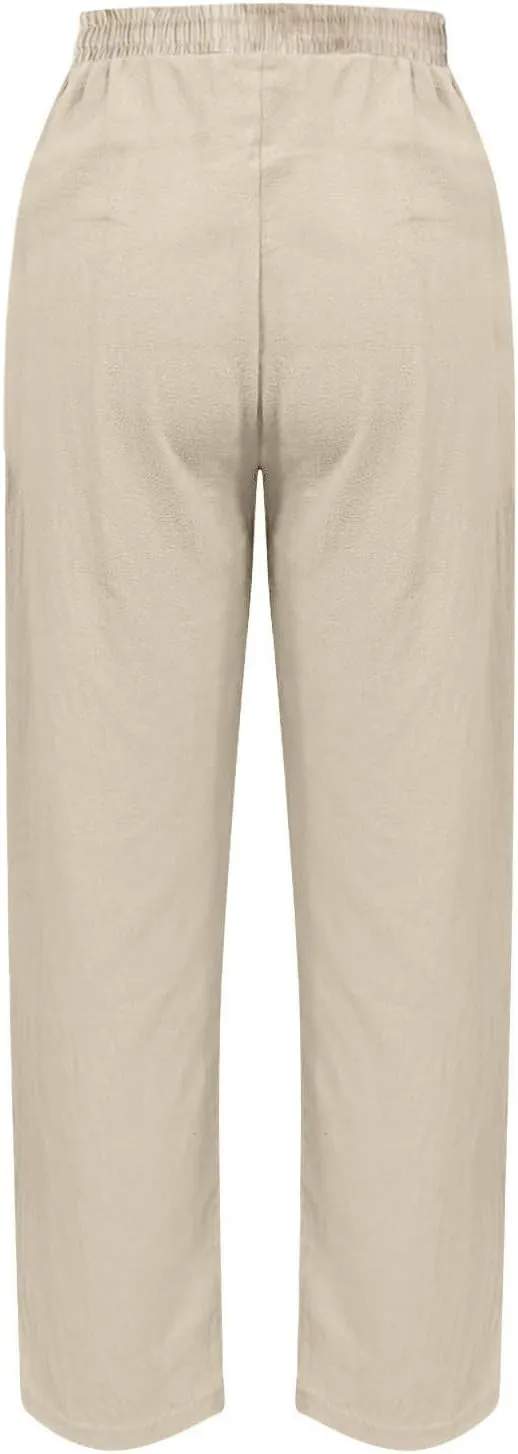 Linen Pants Womens Summer Straight Leg High Waisted Stretchy Business Work Casual Trousers Lightweight Baggy Beachwear