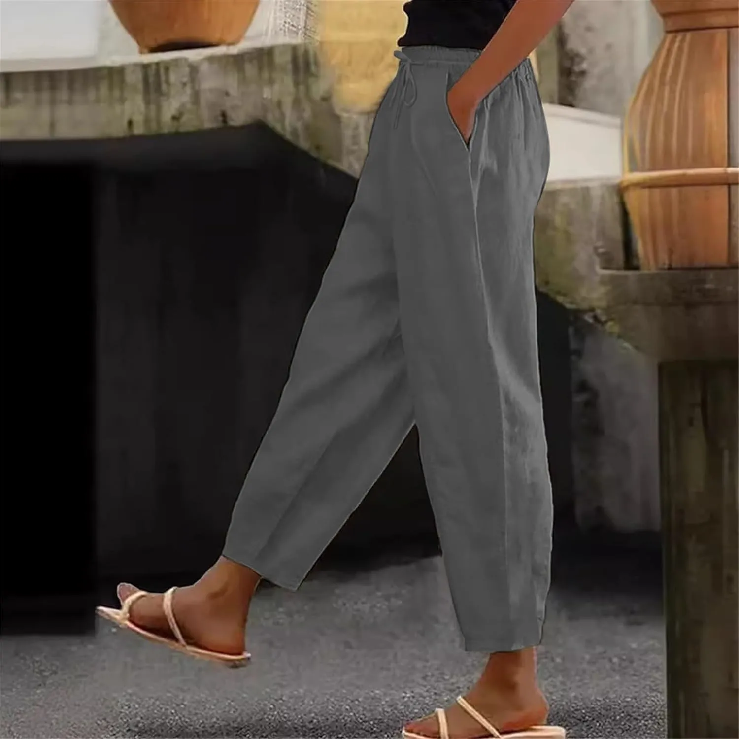 Linen Pants Womens Summer Straight Leg High Waisted Stretchy Business Work Casual Trousers Lightweight Baggy Beachwear