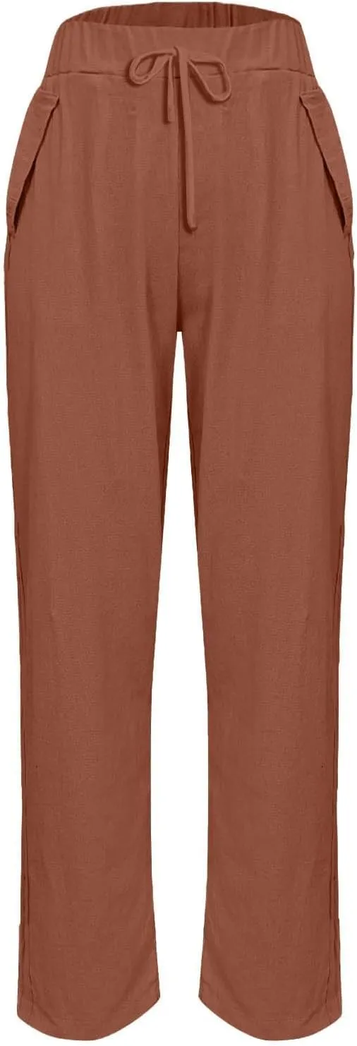 Linen Pants Womens Summer Straight Leg High Waisted Stretchy Business Work Casual Trousers Lightweight Baggy Beachwear