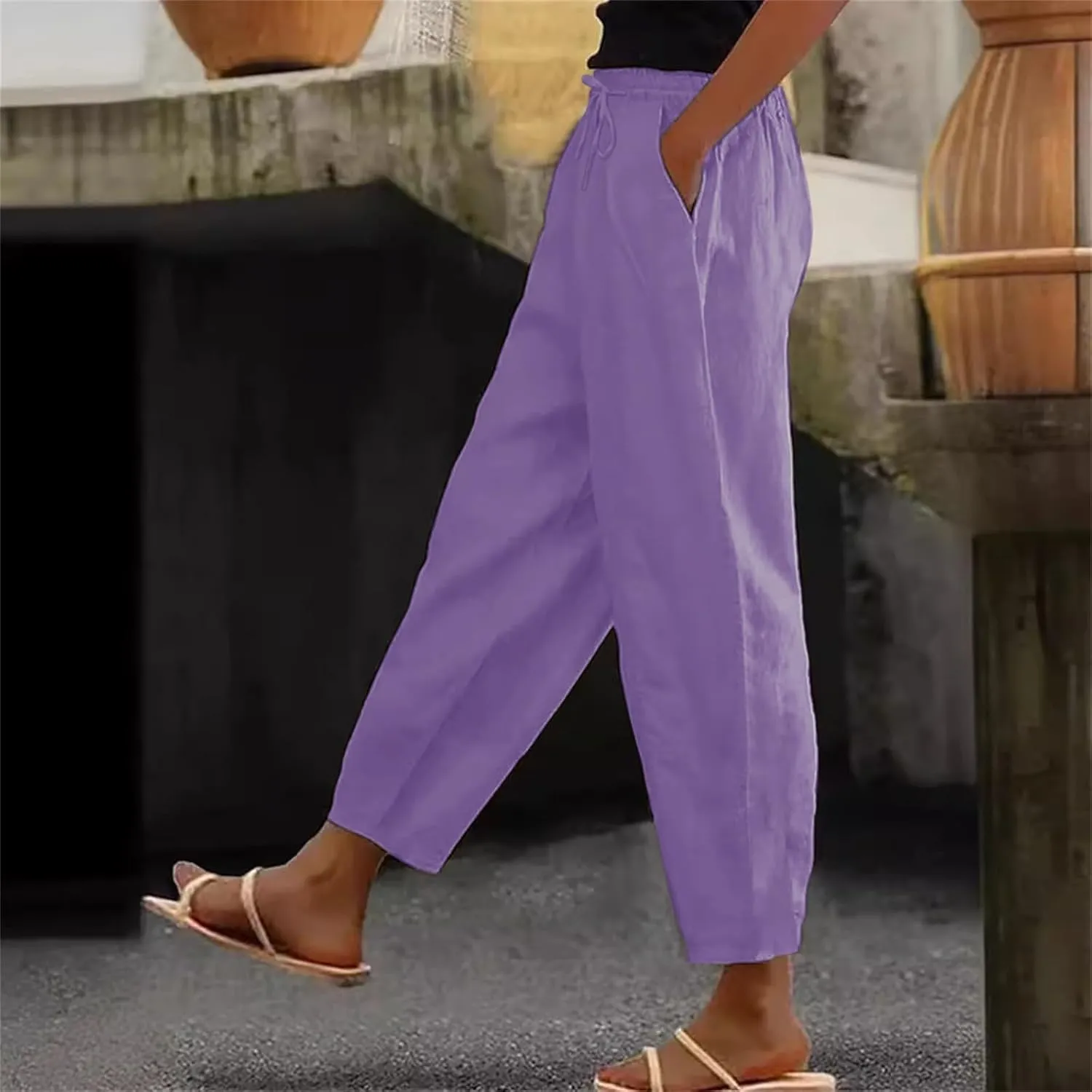 Linen Pants Womens Summer Straight Leg High Waisted Stretchy Business Work Casual Trousers Lightweight Baggy Beachwear