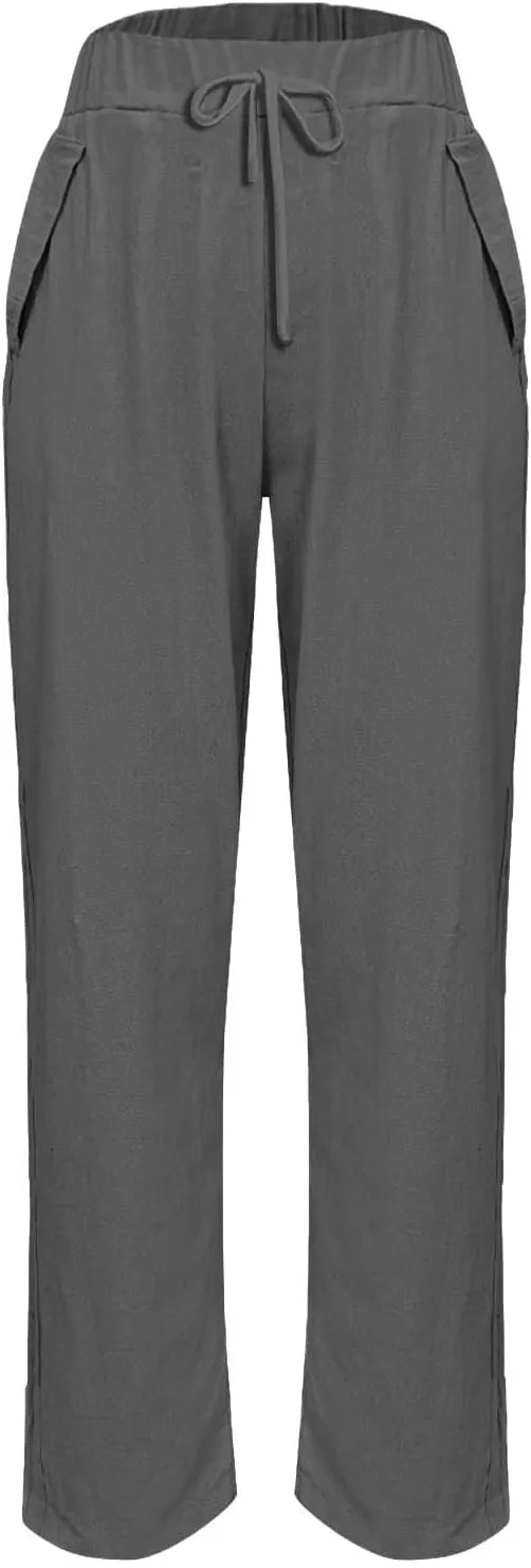Linen Pants Womens Summer Straight Leg High Waisted Stretchy Business Work Casual Trousers Lightweight Baggy Beachwear