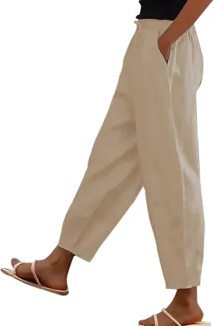 Linen Pants Womens Summer Straight Leg High Waisted Stretchy Business Work Casual Trousers Lightweight Baggy Beachwear