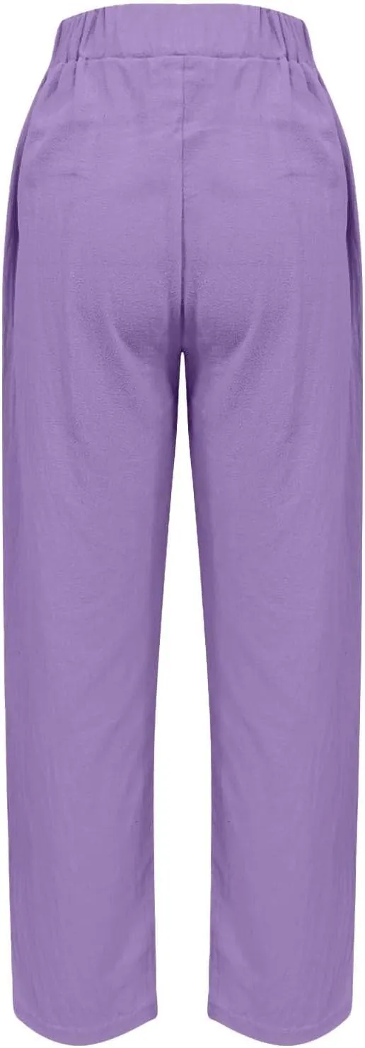 Linen Pants Womens Summer Straight Leg High Waisted Stretchy Business Work Casual Trousers Lightweight Baggy Beachwear