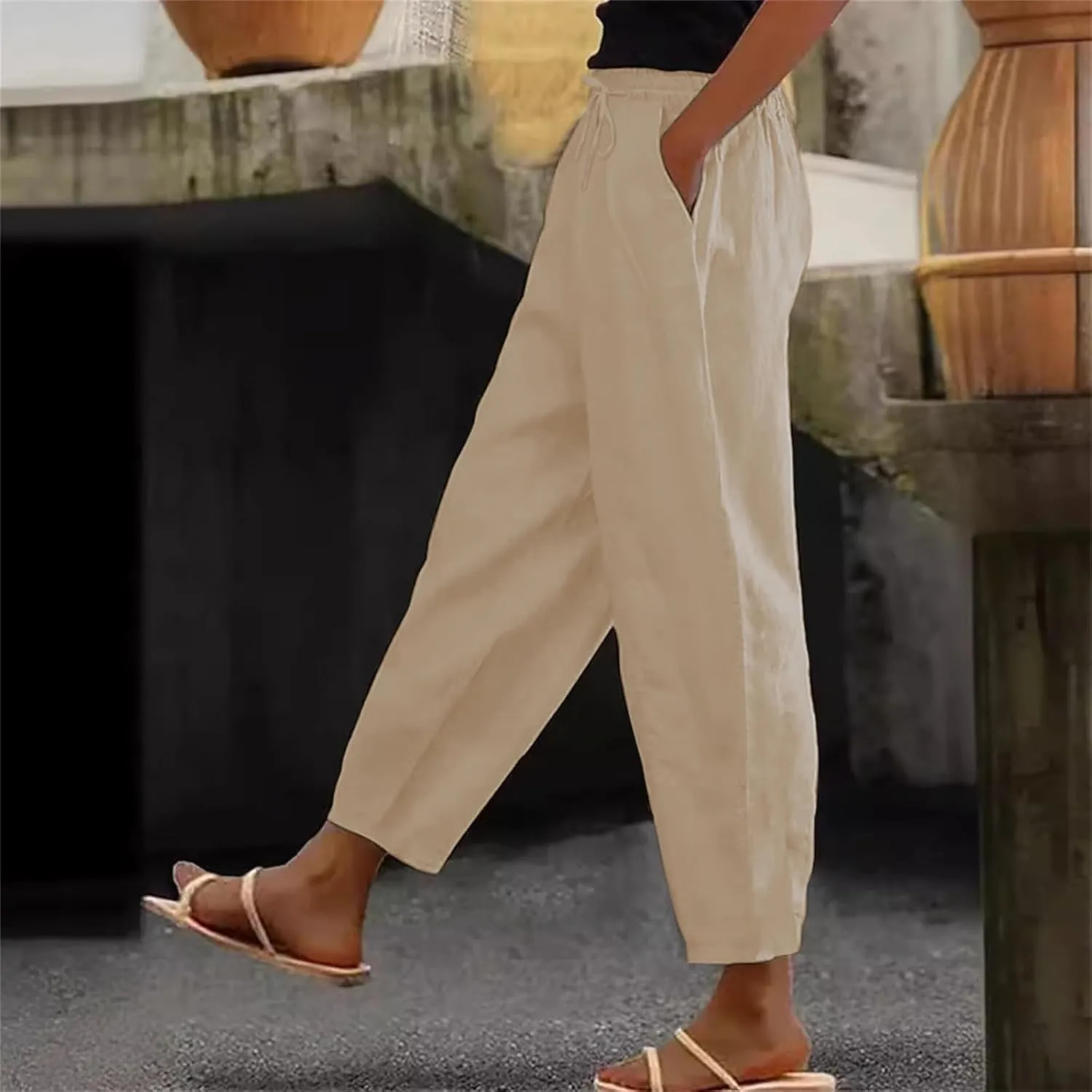 Linen Pants Womens Summer Straight Leg High Waisted Stretchy Business Work Casual Trousers Lightweight Baggy Beachwear