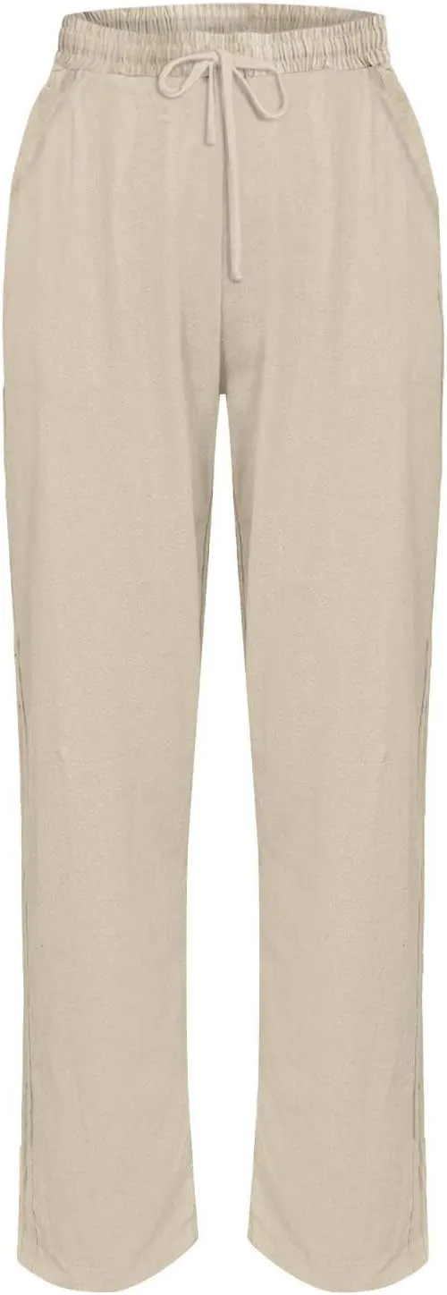 Linen Pants Womens Summer Straight Leg High Waisted Stretchy Business Work Casual Trousers Lightweight Baggy Beachwear