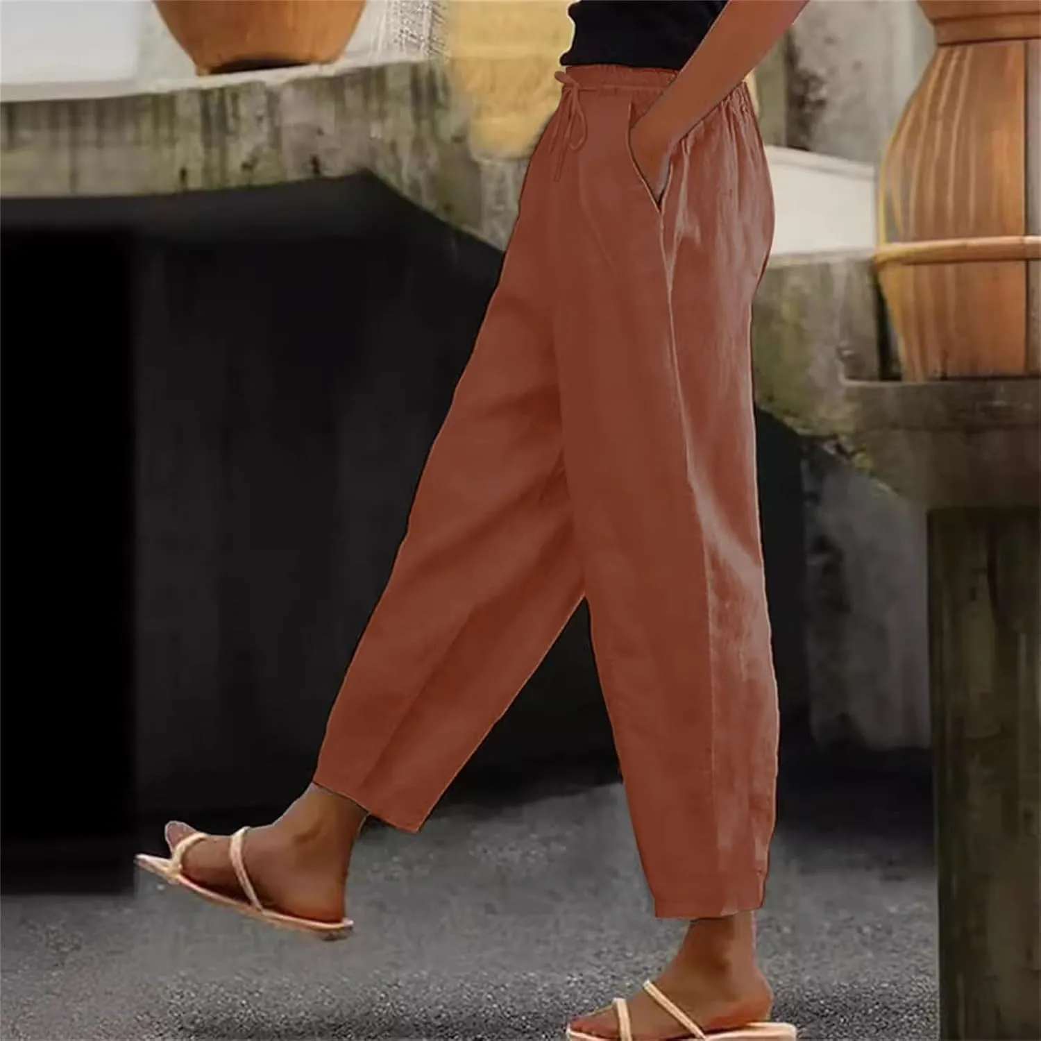 Linen Pants Womens Summer Straight Leg High Waisted Stretchy Business Work Casual Trousers Lightweight Baggy Beachwear