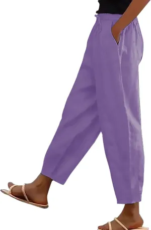 Linen Pants Womens Summer Straight Leg High Waisted Stretchy Business Work Casual Trousers Lightweight Baggy Beachwear