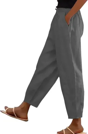 Linen Pants Womens Summer Straight Leg High Waisted Stretchy Business Work Casual Trousers Lightweight Baggy Beachwear
