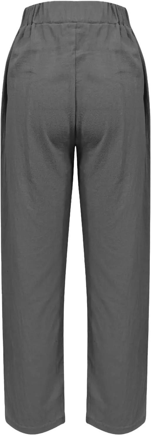 Linen Pants Womens Summer Straight Leg High Waisted Stretchy Business Work Casual Trousers Lightweight Baggy Beachwear