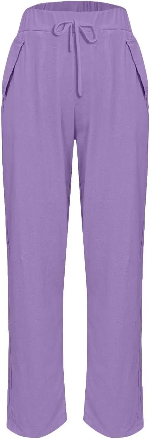 Linen Pants Womens Summer Straight Leg High Waisted Stretchy Business Work Casual Trousers Lightweight Baggy Beachwear
