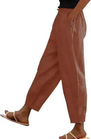 Linen Pants Womens Summer Straight Leg High Waisted Stretchy Business Work Casual Trousers Lightweight Baggy Beachwear