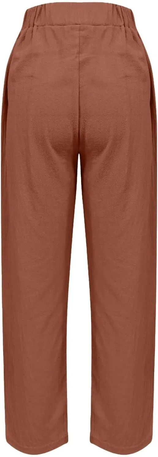Linen Pants Womens Summer Straight Leg High Waisted Stretchy Business Work Casual Trousers Lightweight Baggy Beachwear
