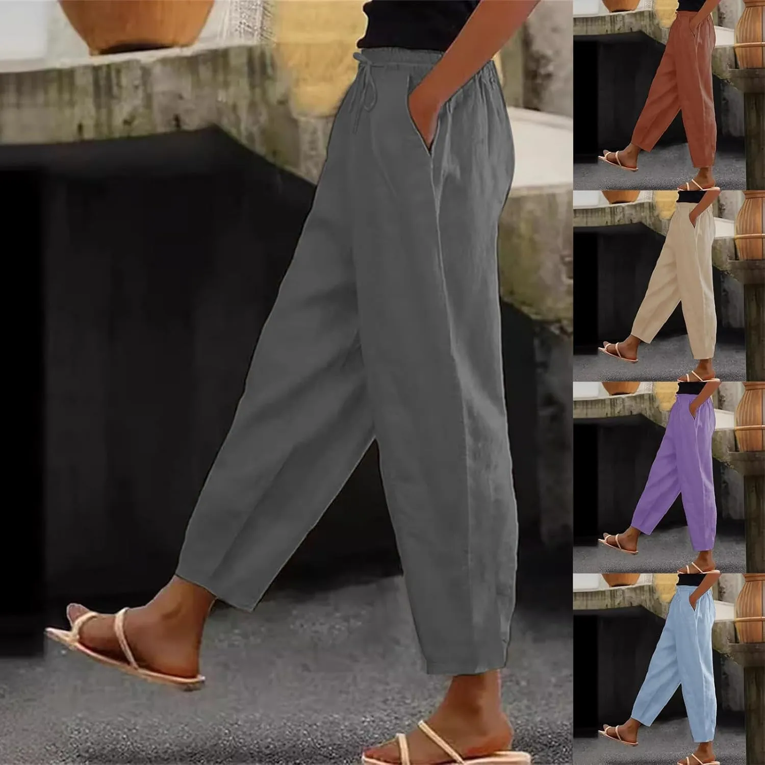 Linen Pants Womens Summer Straight Leg High Waisted Stretchy Business Work Casual Trousers Lightweight Baggy Beachwear
