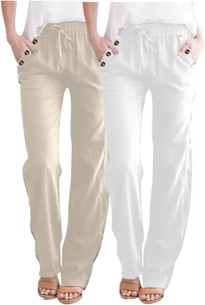 Lmdudan 2 Pc Linen Pants Women Cotton Linen Straight Leg Lightweight Pants 2025 Summer Beach Pants Women's Loose Fit Trousers