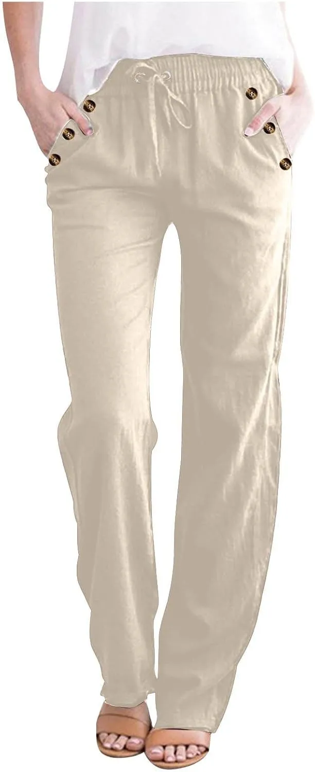 Lmdudan 2 Pc Linen Pants Women Cotton Linen Straight Leg Lightweight Pants 2025 Summer Beach Pants Women's Loose Fit Trousers