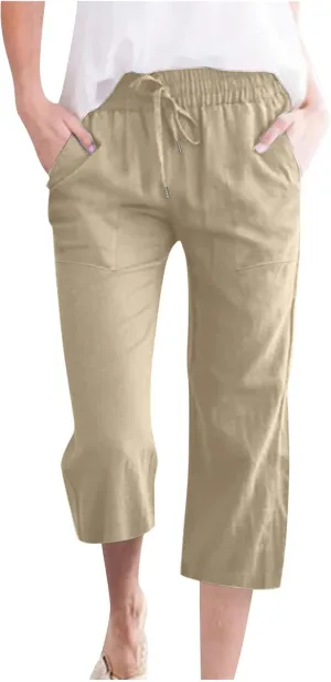 Lmdudan 2025 Capri Pants for Women Summer Linen Pants Drawstring Waisted Casual Wide Leg Trousers Cropped Pants with Pockets