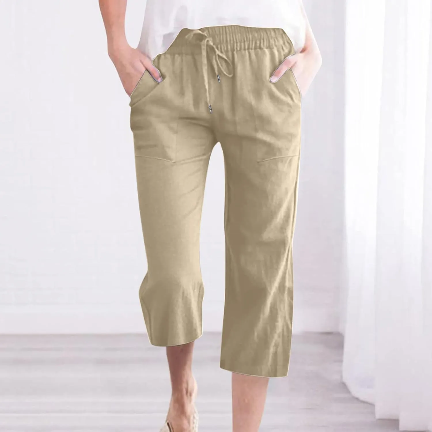 Lmdudan 2025 Capri Pants for Women Summer Linen Pants Drawstring Waisted Casual Wide Leg Trousers Cropped Pants with Pockets
