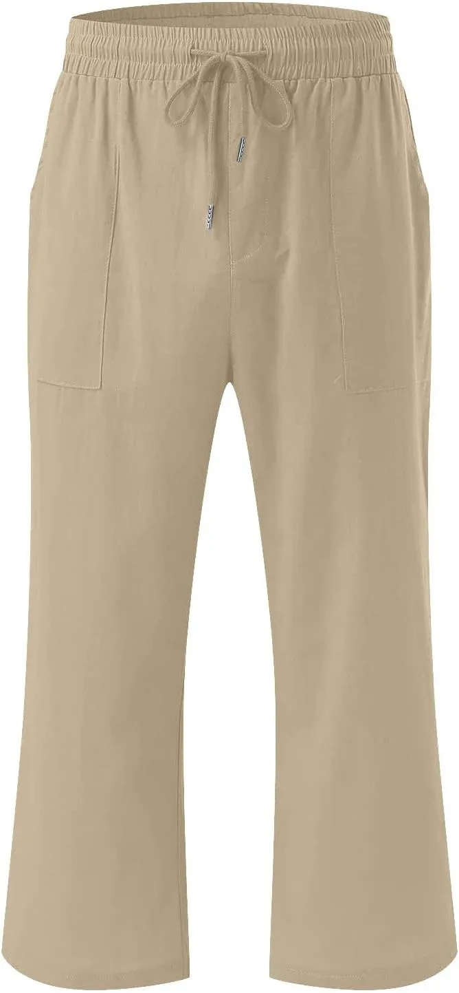 Lmdudan 2025 Capri Pants for Women Summer Linen Pants Drawstring Waisted Casual Wide Leg Trousers Cropped Pants with Pockets