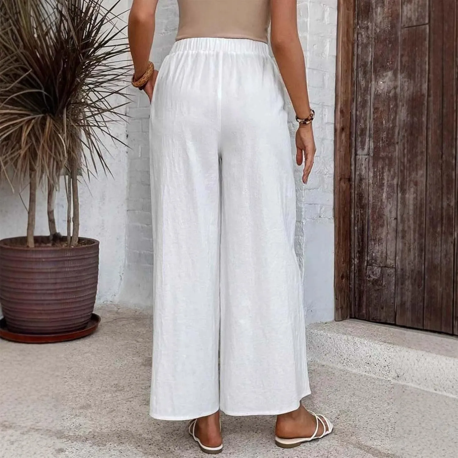 Lmdudan Cotton Linen Pants for Women 2025 Casual High Waist Wide Leg Palazzo Pants Summer Button Down Trousers with Pocket