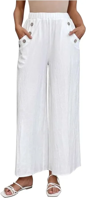 Lmdudan Cotton Linen Pants for Women 2025 Casual High Waist Wide Leg Palazzo Pants Summer Button Down Trousers with Pocket