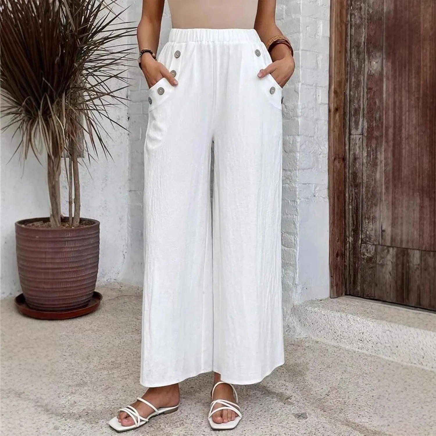 Lmdudan Cotton Linen Pants for Women 2025 Casual High Waist Wide Leg Palazzo Pants Summer Button Down Trousers with Pocket
