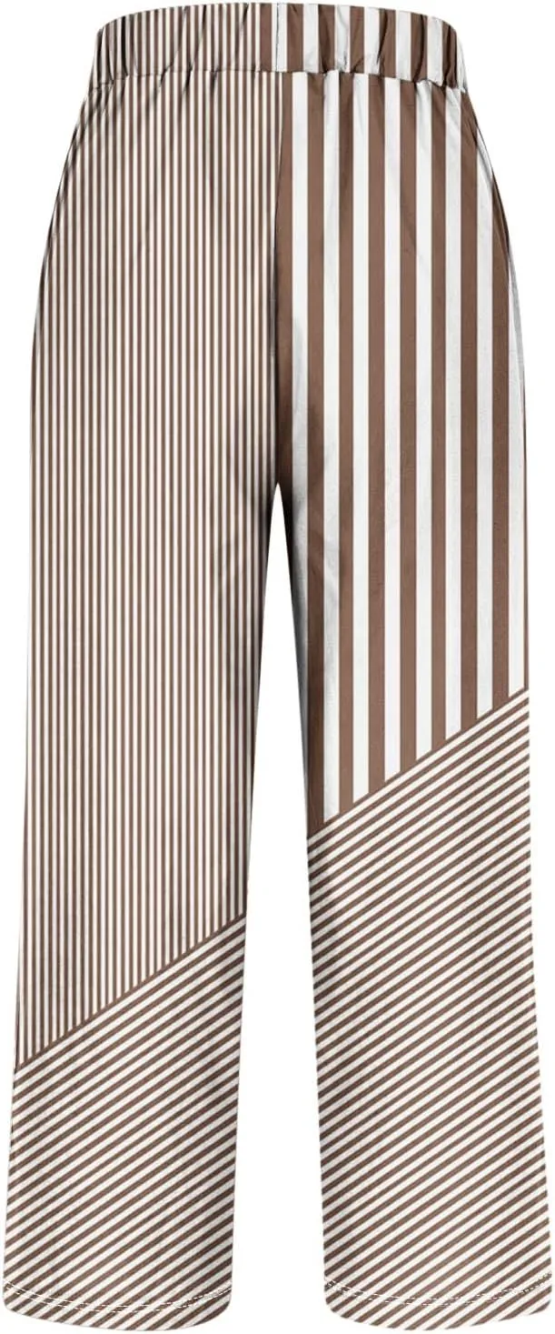 Lmdudan Linen Pants for Women Dressy Casual Striped Color Block Trousers Summer Elastic Waist Loose Sweatpants with Pockets