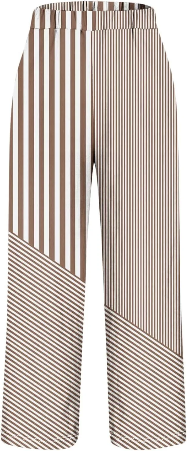 Lmdudan Linen Pants for Women Dressy Casual Striped Color Block Trousers Summer Elastic Waist Loose Sweatpants with Pockets