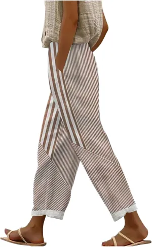 Lmdudan Linen Pants for Women Dressy Casual Striped Color Block Trousers Summer Elastic Waist Loose Sweatpants with Pockets