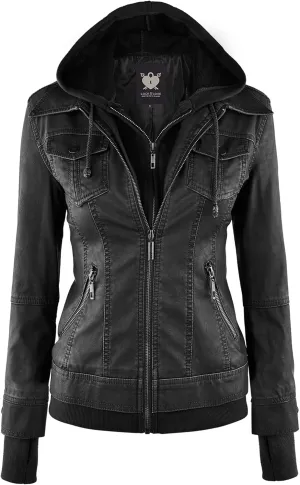 Lock and Love Women's Faux Leather Moto Biker Jacket Coat with Removable or Non-Removable Hood