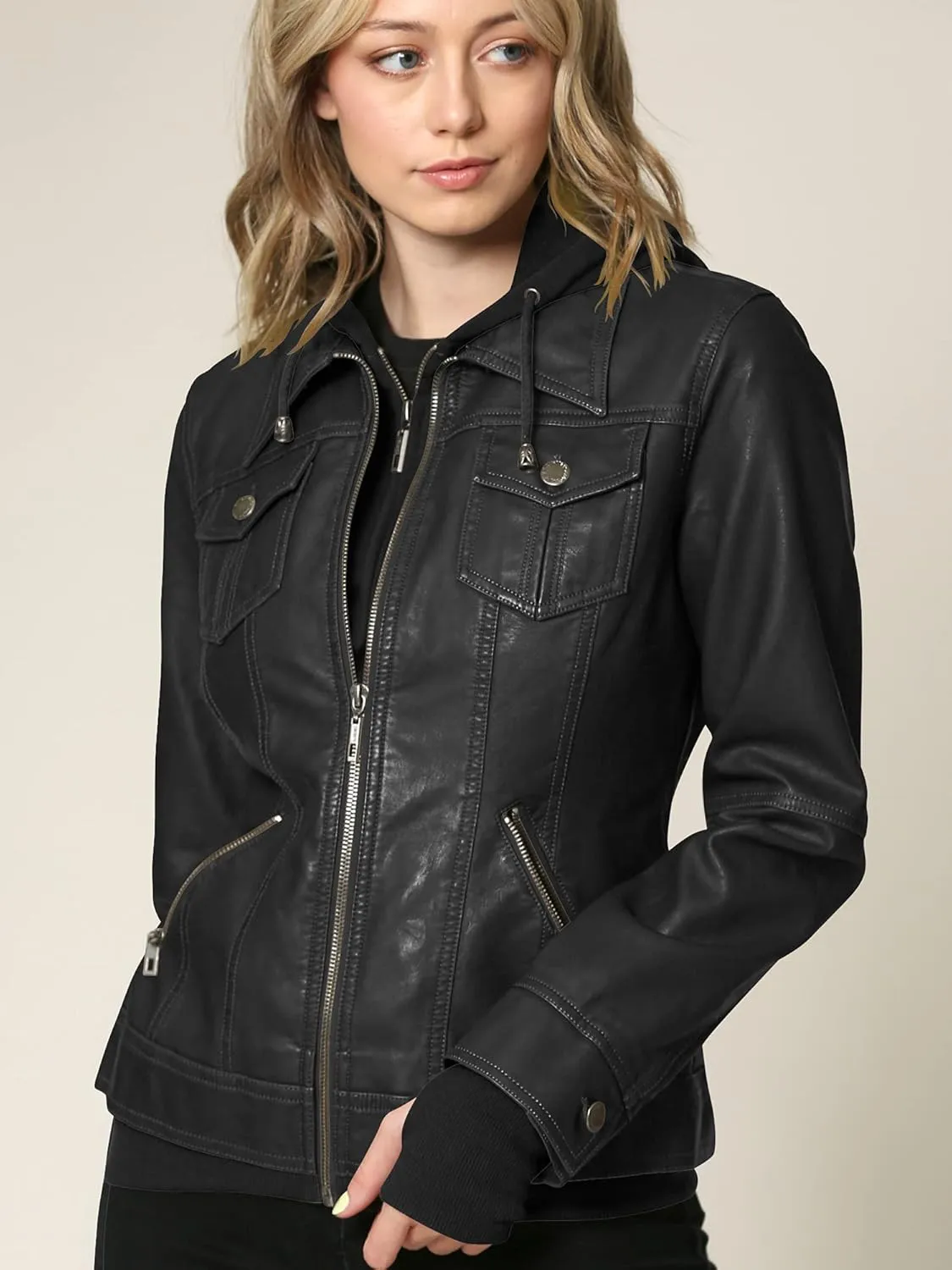 Lock and Love Women's Faux Leather Moto Biker Jacket Coat with Removable or Non-Removable Hood
