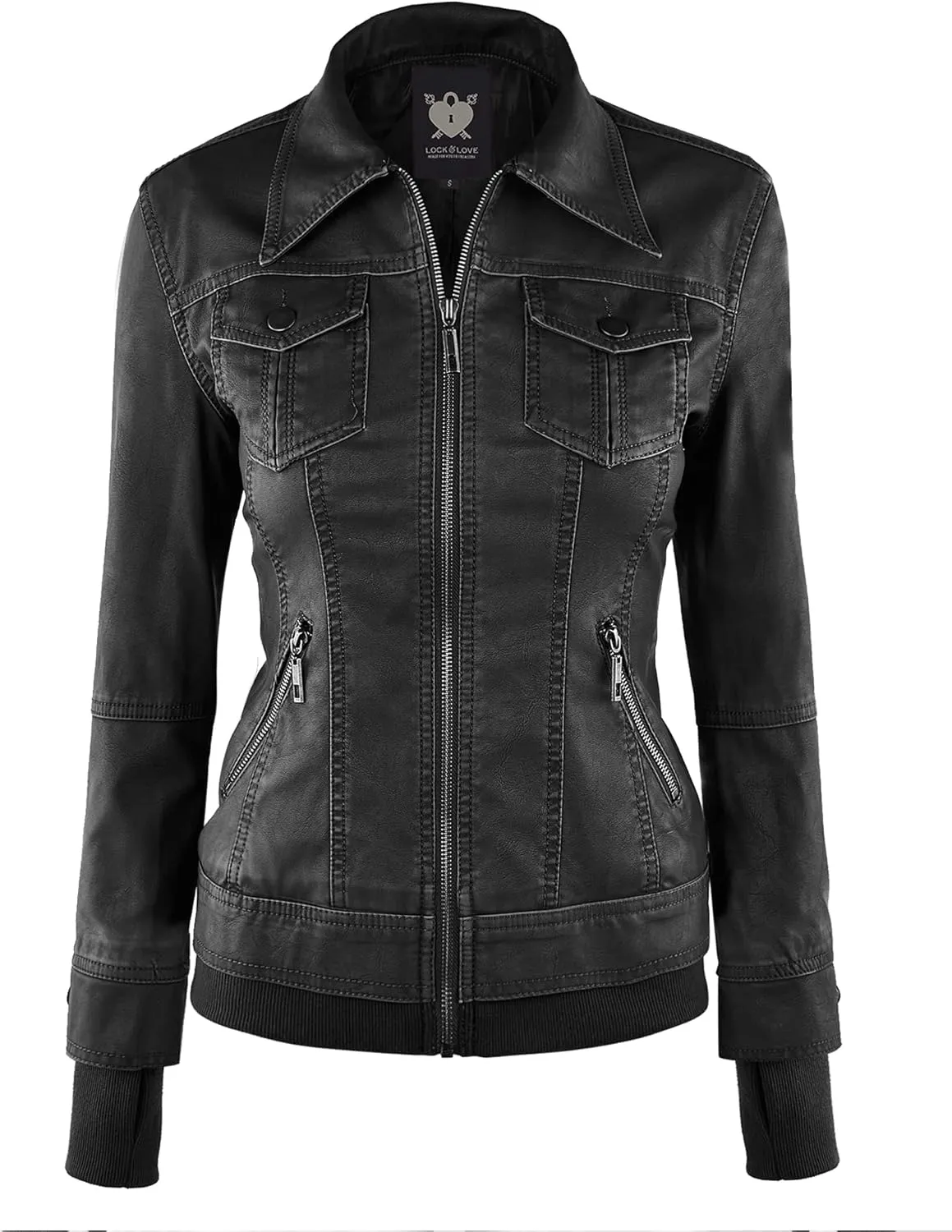 Lock and Love Women's Faux Leather Moto Biker Jacket Coat with Removable or Non-Removable Hood
