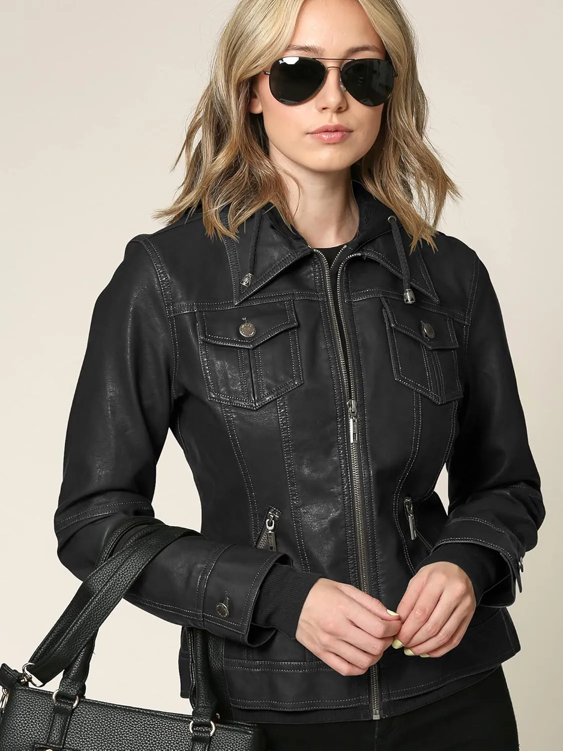 Lock and Love Women's Faux Leather Moto Biker Jacket Coat with Removable or Non-Removable Hood