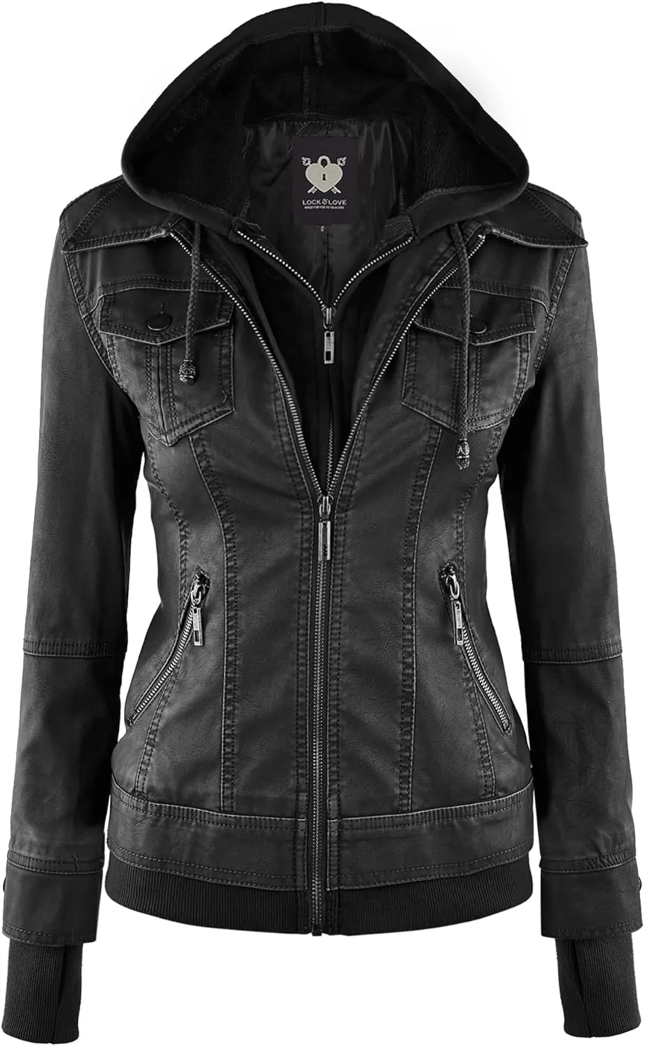 Lock and Love Women's Faux Leather Moto Biker Jacket Coat with Removable or Non-Removable Hood