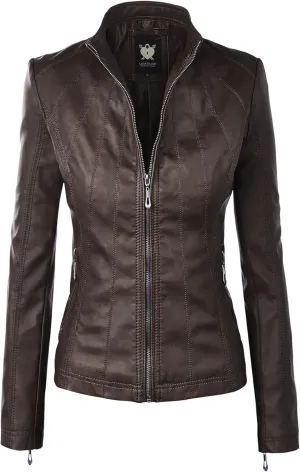 Lock and Love Women's Faux Leather Moto Biker Jacket Coat with Removable or Non-Removable Hood