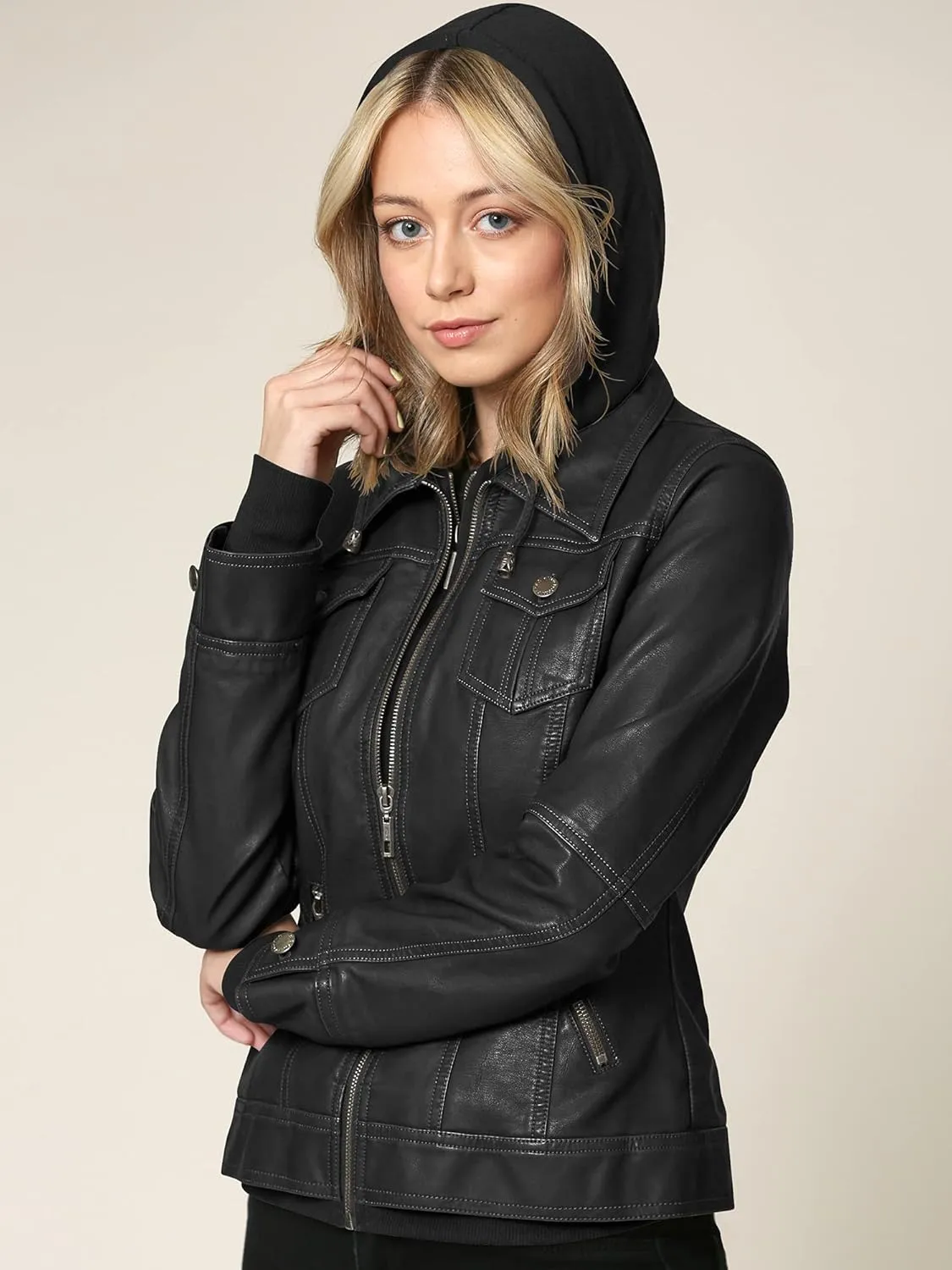 Lock and Love Women's Faux Leather Moto Biker Jacket Coat with Removable or Non-Removable Hood
