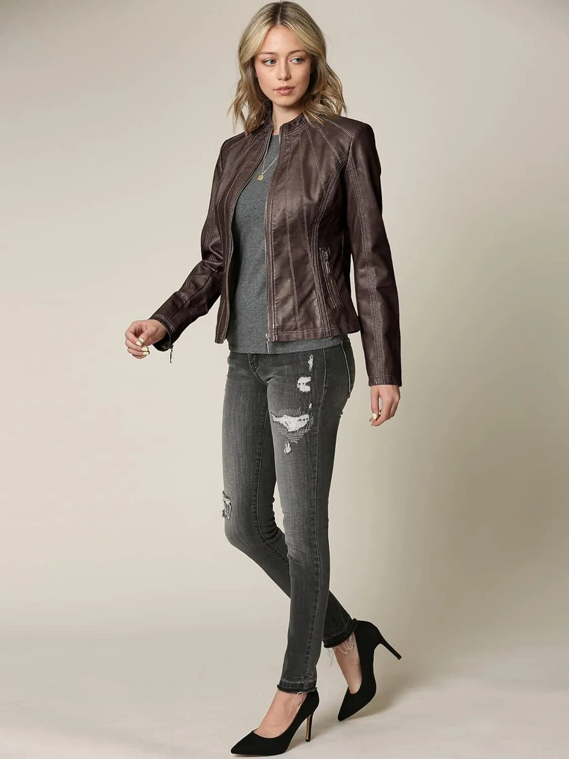 Lock and Love Women's Faux Leather Moto Biker Jacket Coat with Removable or Non-Removable Hood