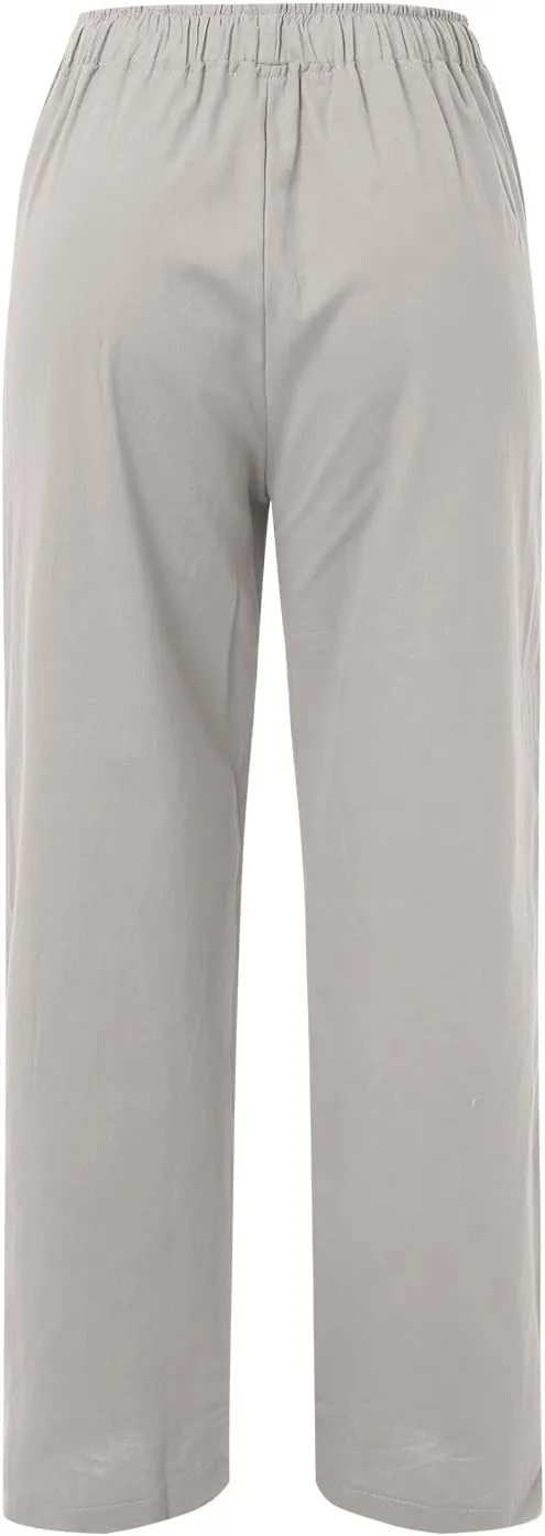 Lounge Linen Pants Women Baggy Casual Summer Solid Color Straight Leg Beach High Waist Linen Pants Comfy Lounge Trousers