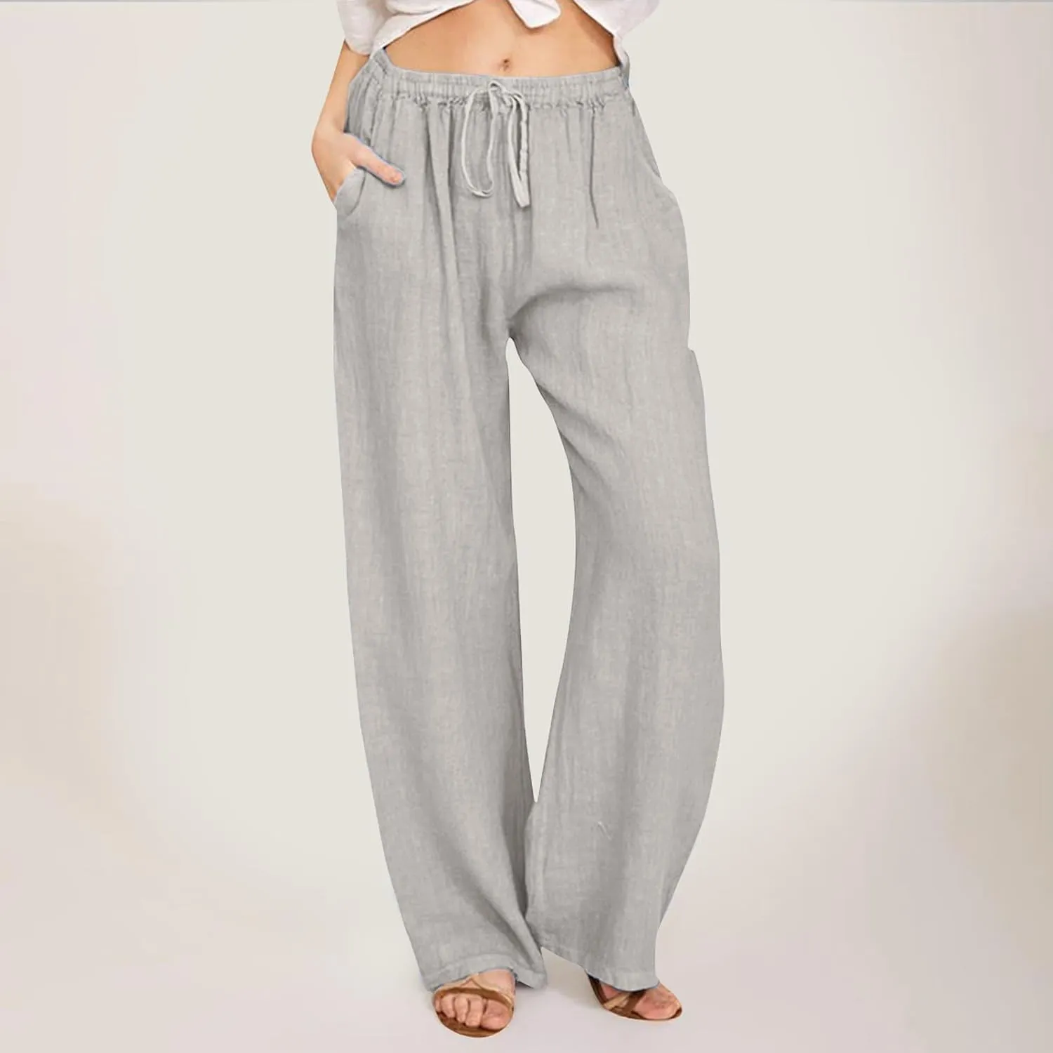 Lounge Linen Pants Women Baggy Casual Summer Solid Color Straight Leg Beach High Waist Linen Pants Comfy Lounge Trousers