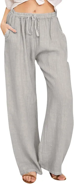 Lounge Linen Pants Women Baggy Casual Summer Solid Color Straight Leg Beach High Waist Linen Pants Comfy Lounge Trousers