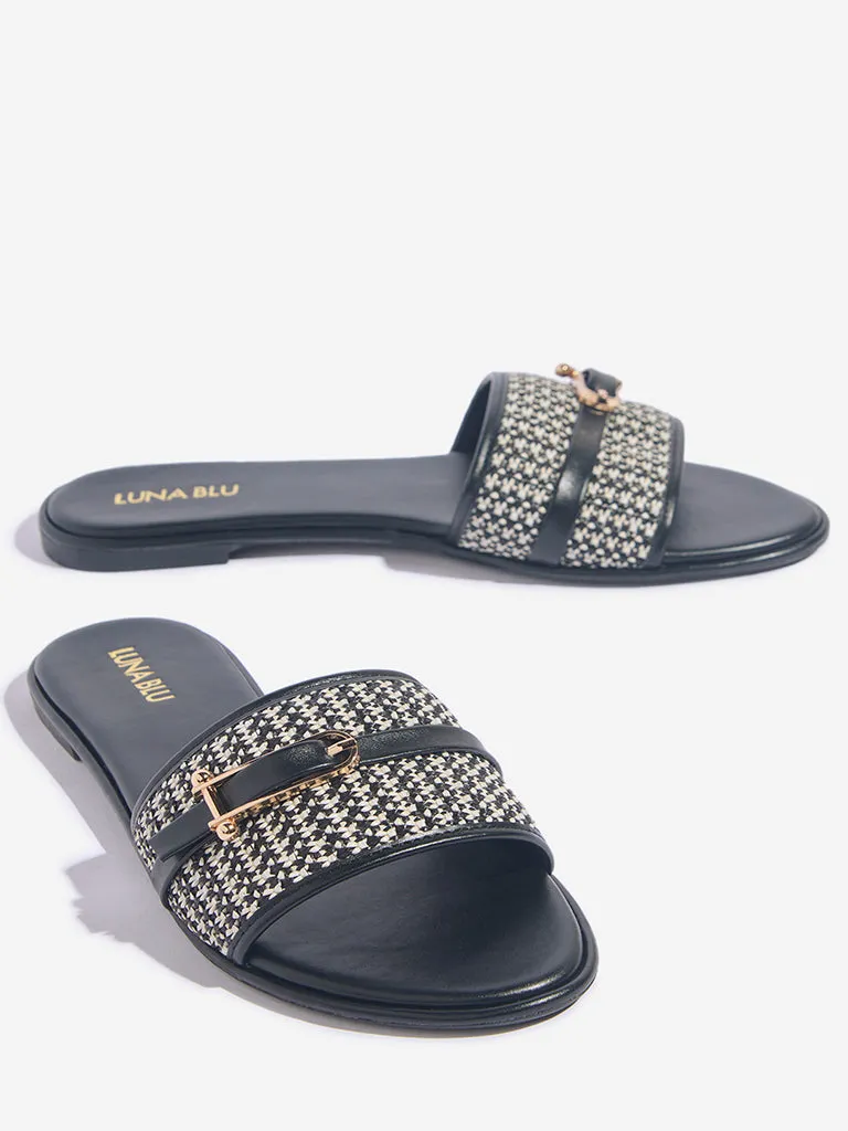 LUNA BLU Black Jute-Textured Slides