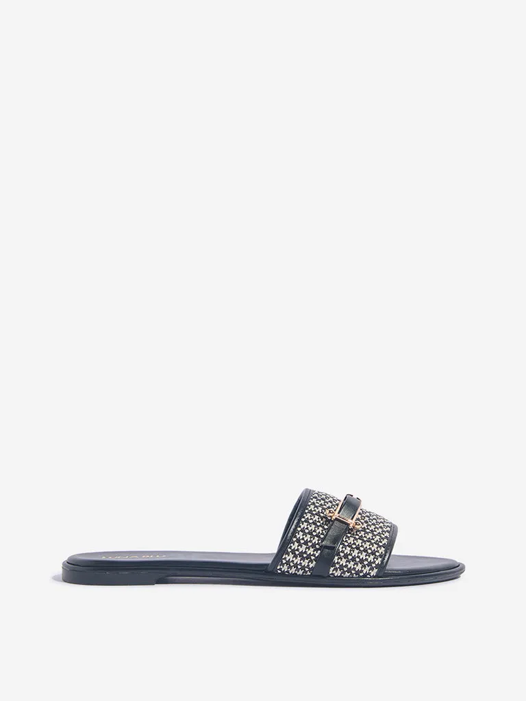 LUNA BLU Black Jute-Textured Slides