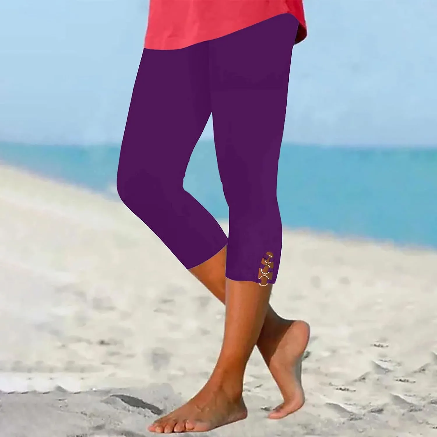 maisdgop Women's Capri Pants Tummy Control Knee Length Yoga Leggings Casual Sexy Solid Cutout High Waisted Cropped Pant