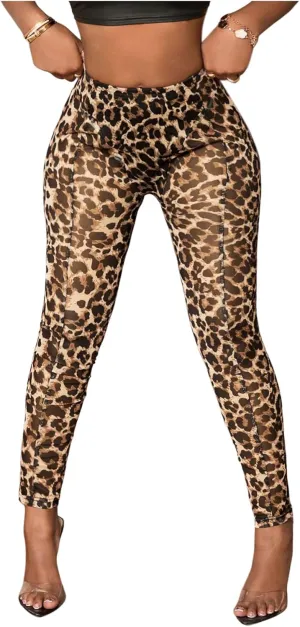 MakeMeChic Women's Leopard Leggings Sheer Mesh Cheetah Print Yoga Pants