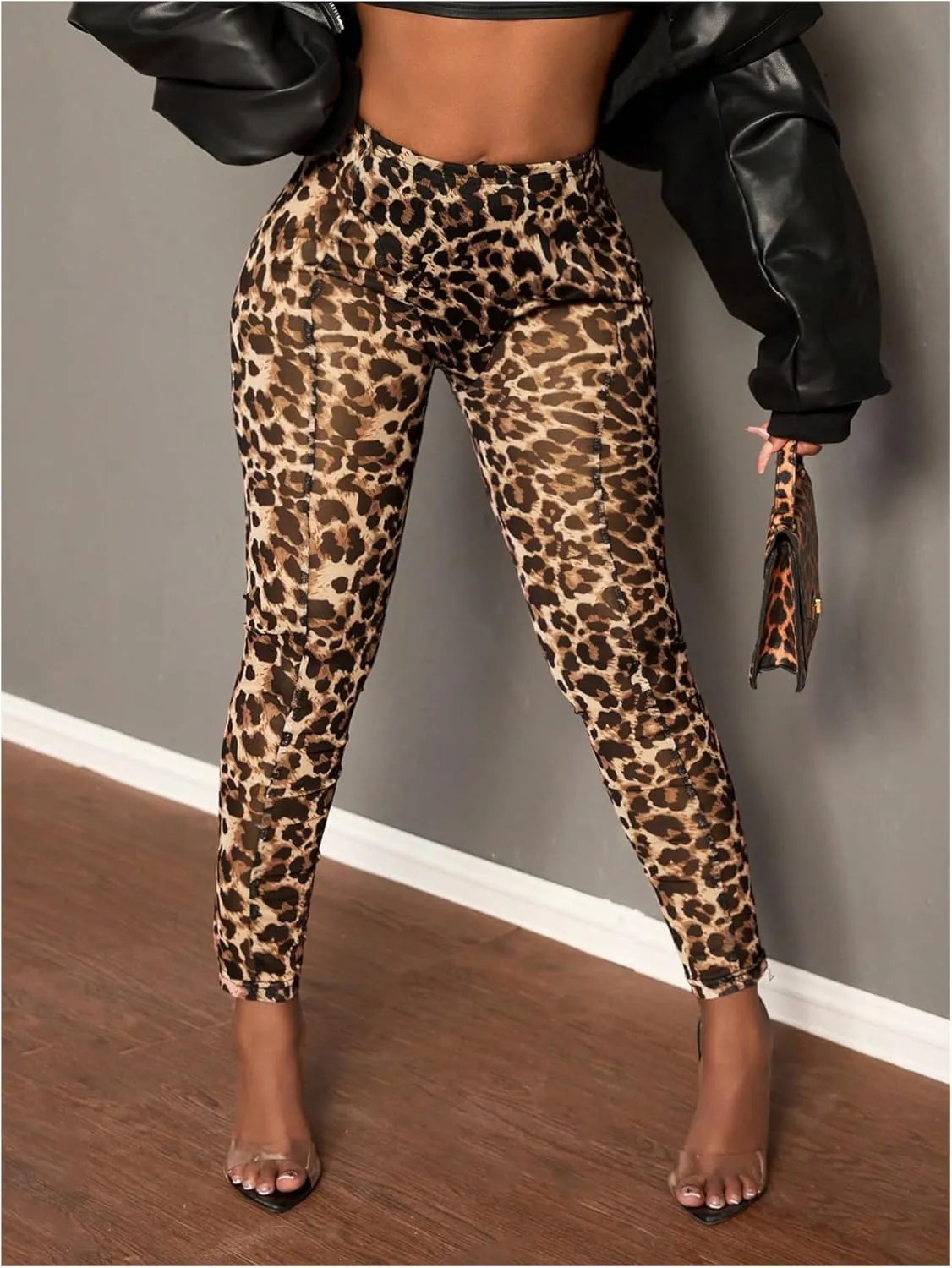 MakeMeChic Women's Leopard Leggings Sheer Mesh Cheetah Print Yoga Pants