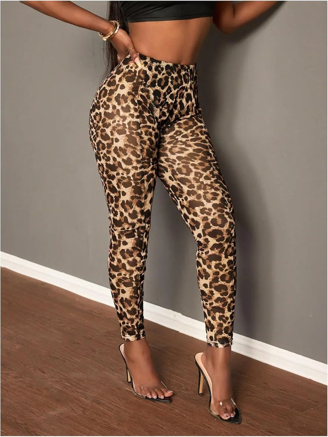 MakeMeChic Women's Leopard Leggings Sheer Mesh Cheetah Print Yoga Pants